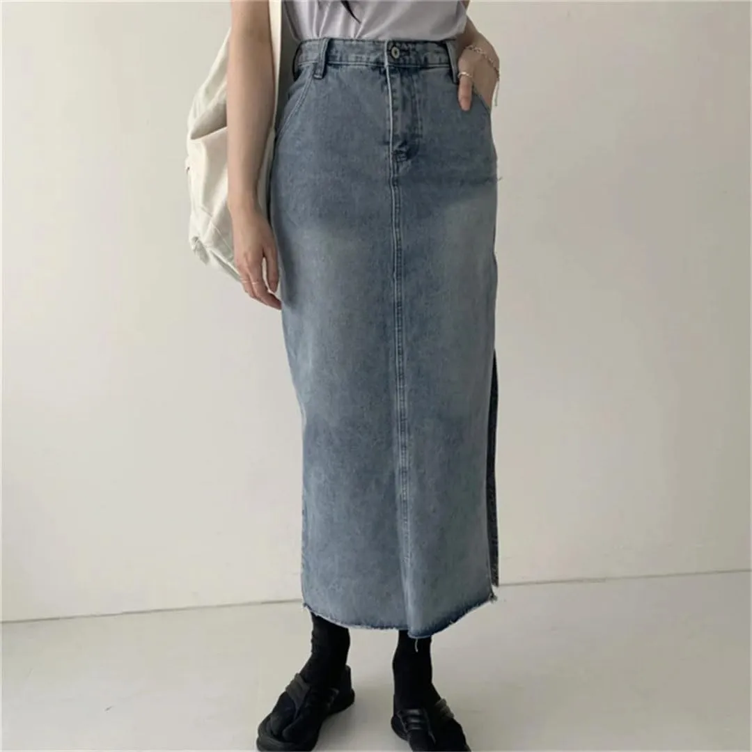 Women's High Waist Denim Pencil Skirts Blue Side Split Jeans Wrap Skirts