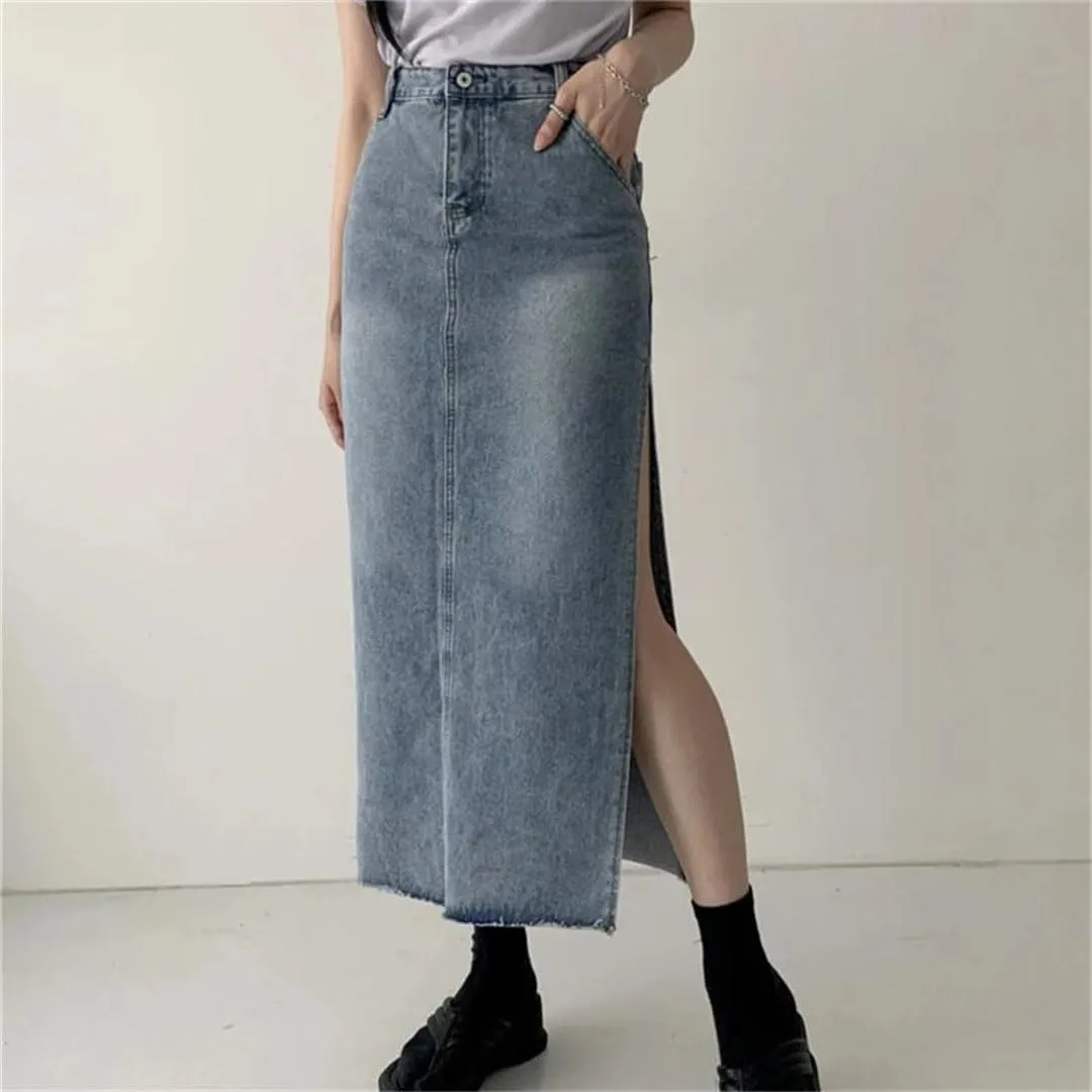 Women's High Waist Denim Pencil Skirts Blue Side Split Jeans Wrap Skirts