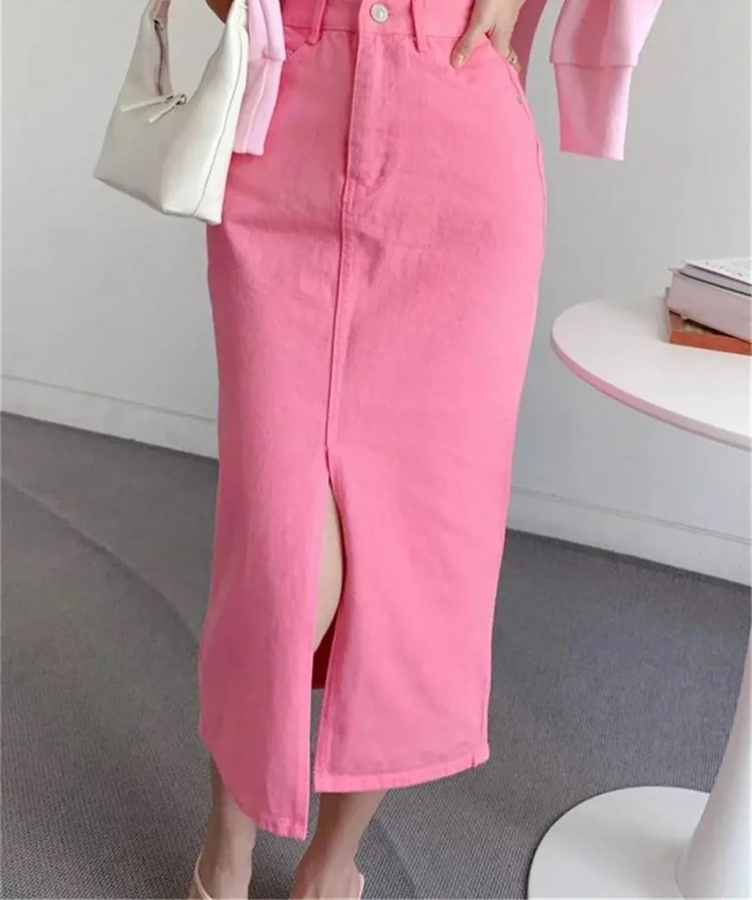 Women's High Waist Denim Pencil Skirts Split Jeans Pink Wrap Midi Skirts