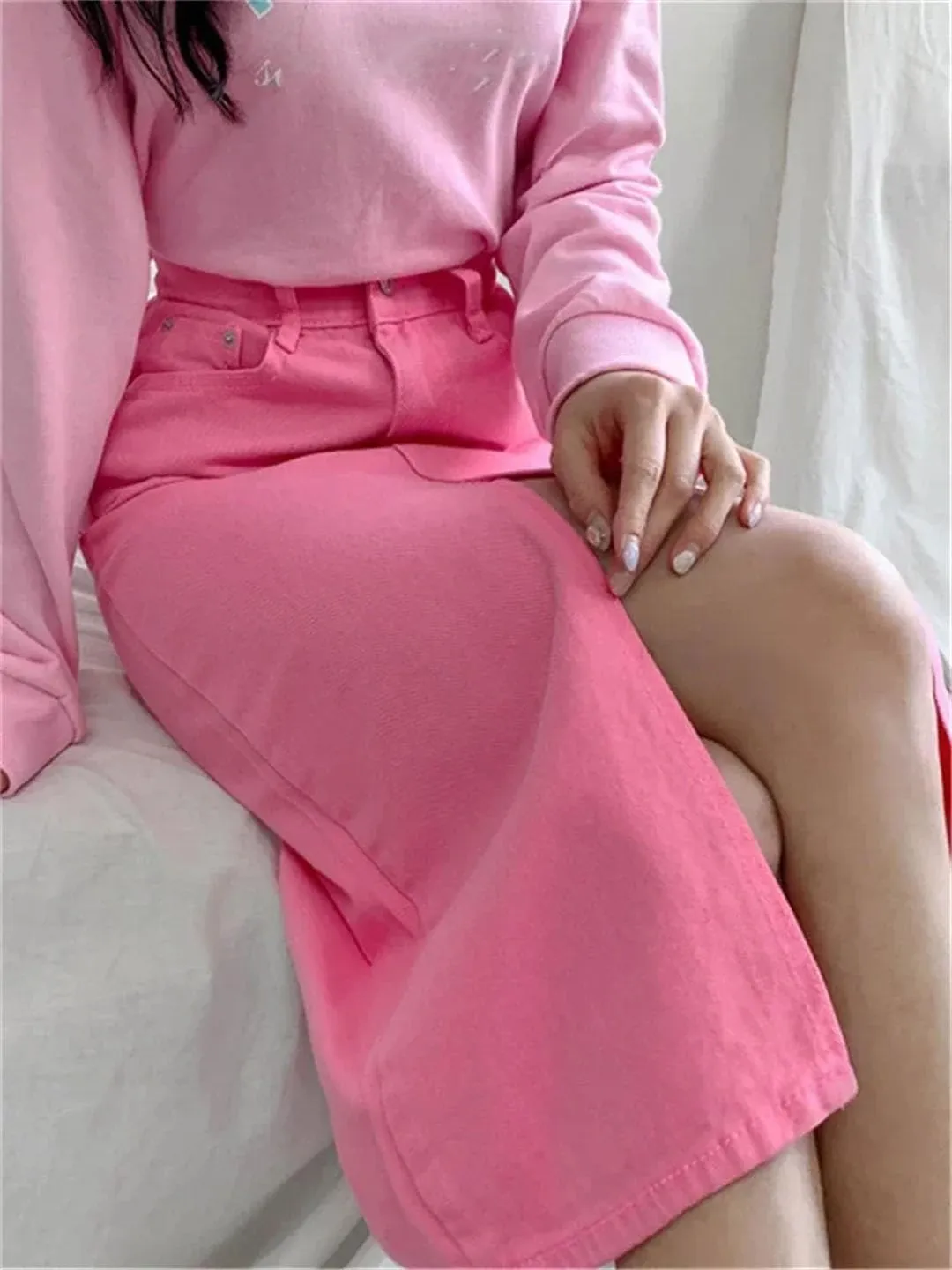 Women's High Waist Denim Pencil Skirts Split Jeans Pink Wrap Midi Skirts