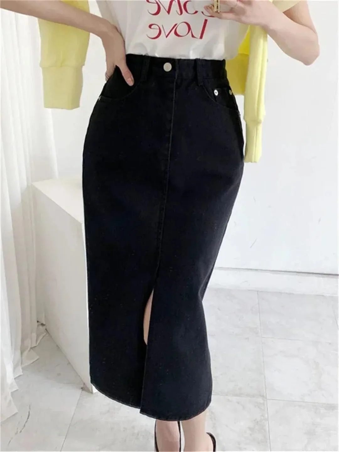 Women's High Waist Denim Pencil Skirts Split Jeans Pink Wrap Midi Skirts