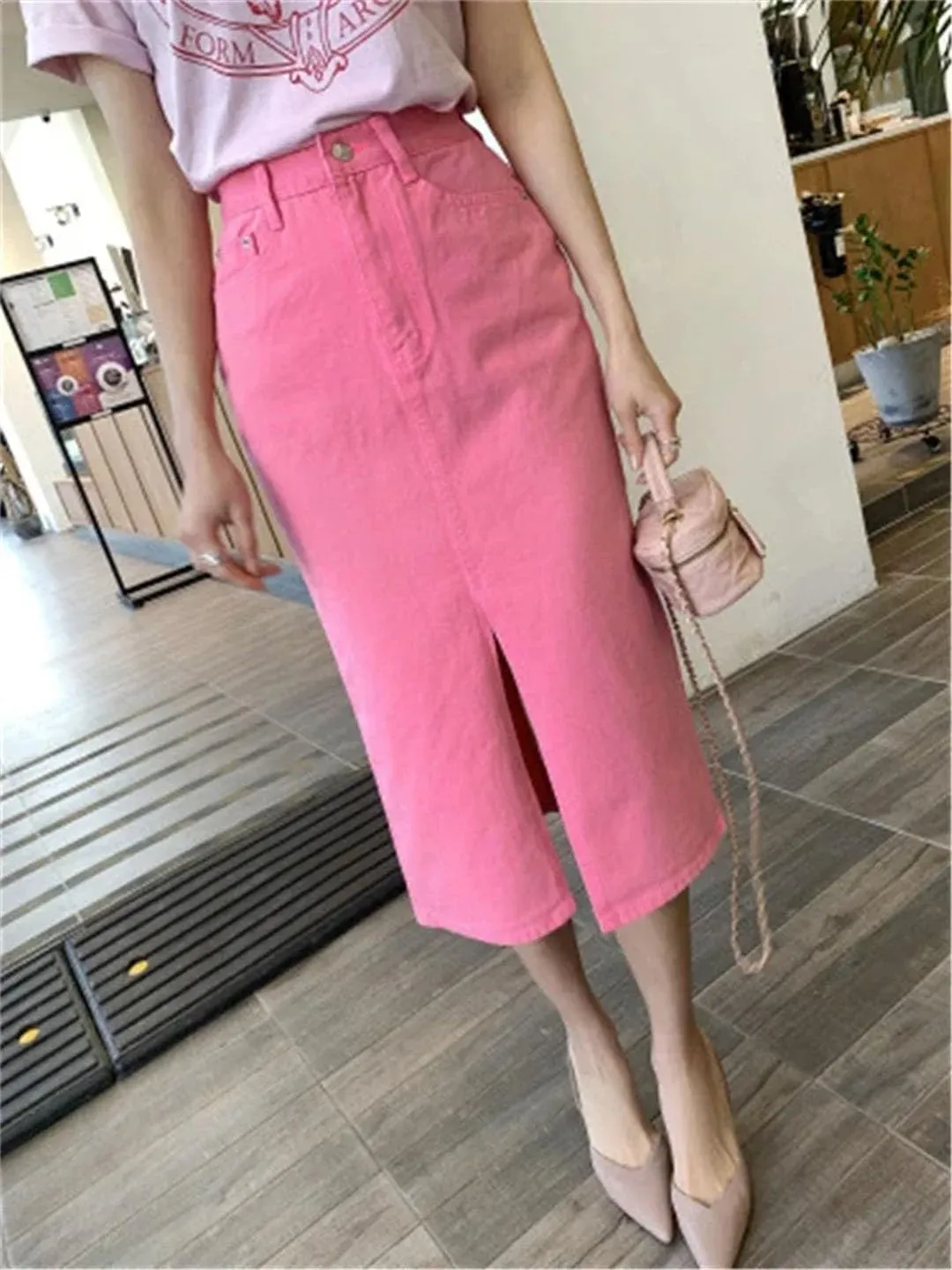 Women's High Waist Denim Pencil Skirts Split Jeans Pink Wrap Midi Skirts
