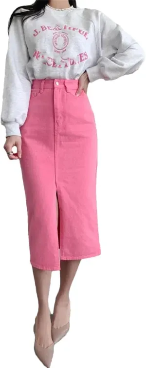 Women's High Waist Denim Pencil Skirts Split Jeans Pink Wrap Midi Skirts