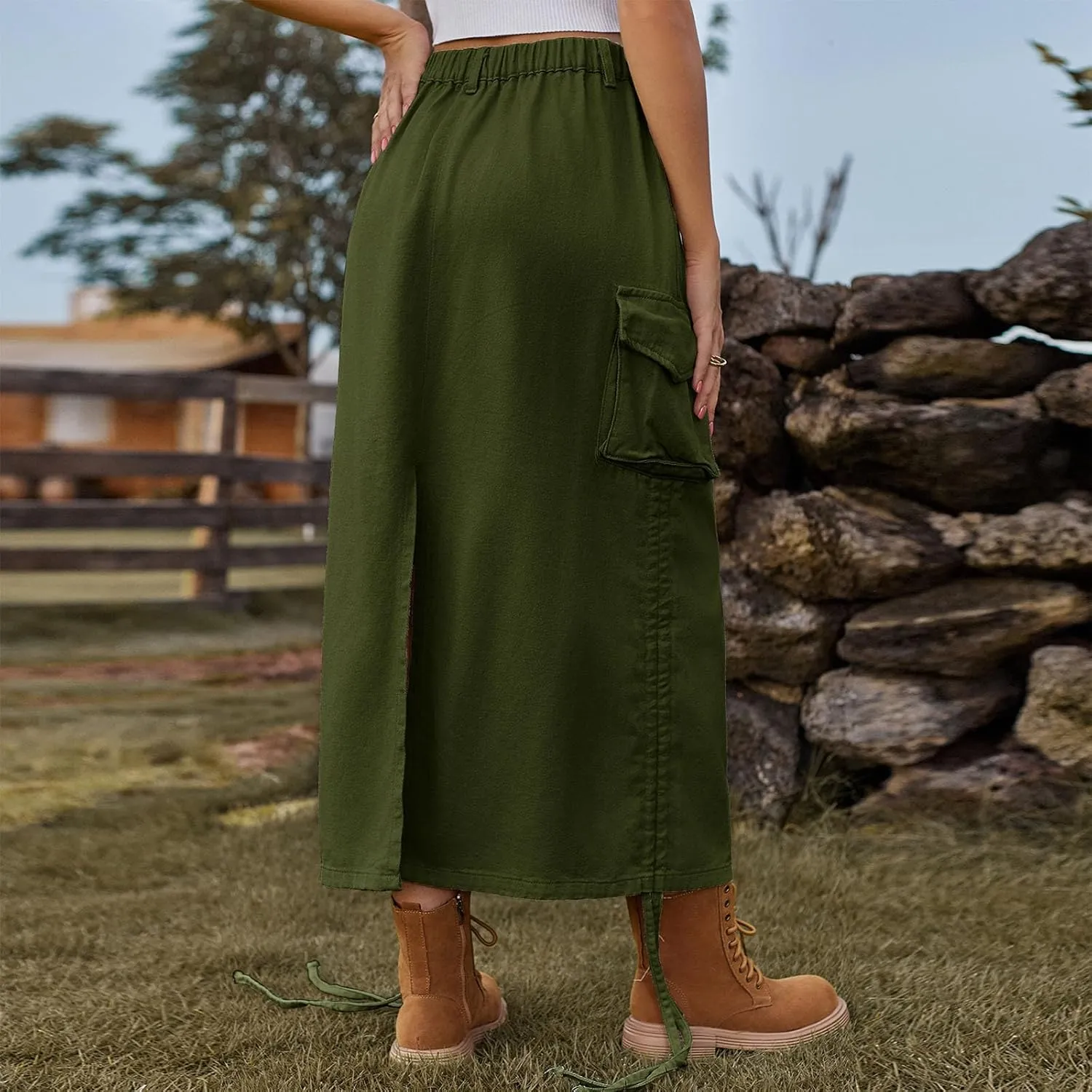 Women's High Waisted Denim Skirts Trendy Drawstring Hem Jeans Skirt Ruffle Mermaid Fishtail Cargo Skirt with Pockets
