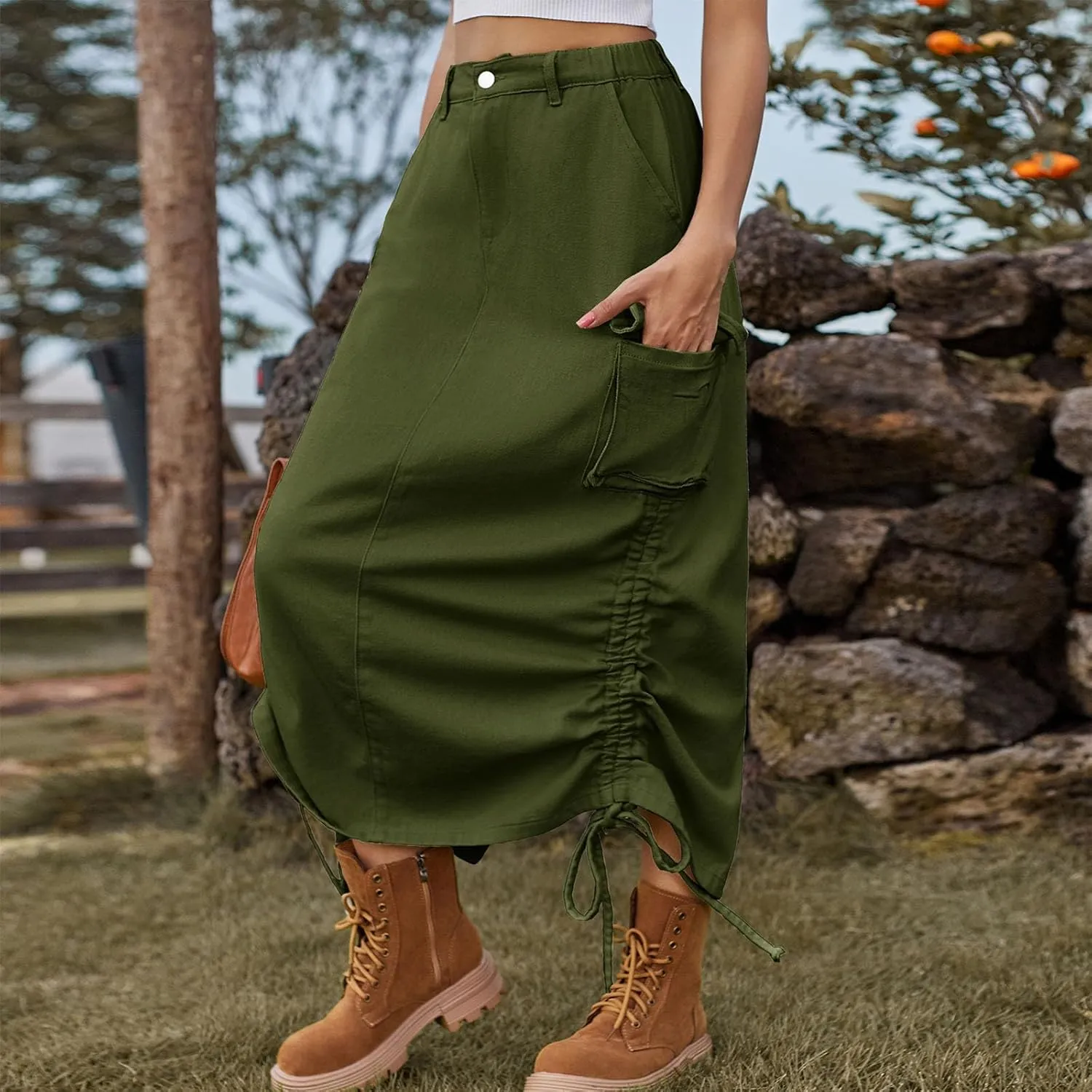 Women's High Waisted Denim Skirts Trendy Drawstring Hem Jeans Skirt Ruffle Mermaid Fishtail Cargo Skirt with Pockets