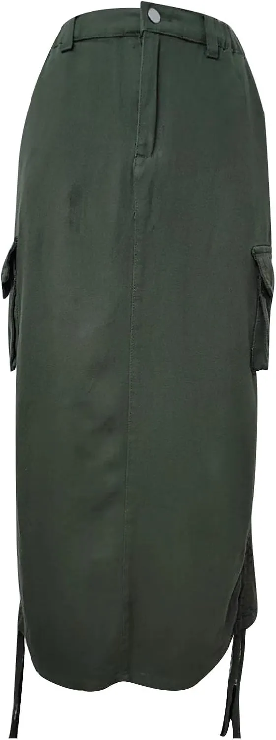 Women's High Waisted Denim Skirts Trendy Drawstring Hem Jeans Skirt Ruffle Mermaid Fishtail Cargo Skirt with Pockets