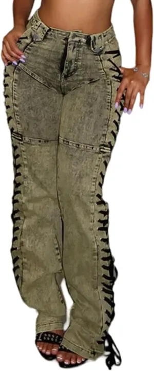 Women's High Waisted Skinny Jeans Straight Leg Stretch Distressed Drawstring Lace Up Sexy Denim Pants Streetwear