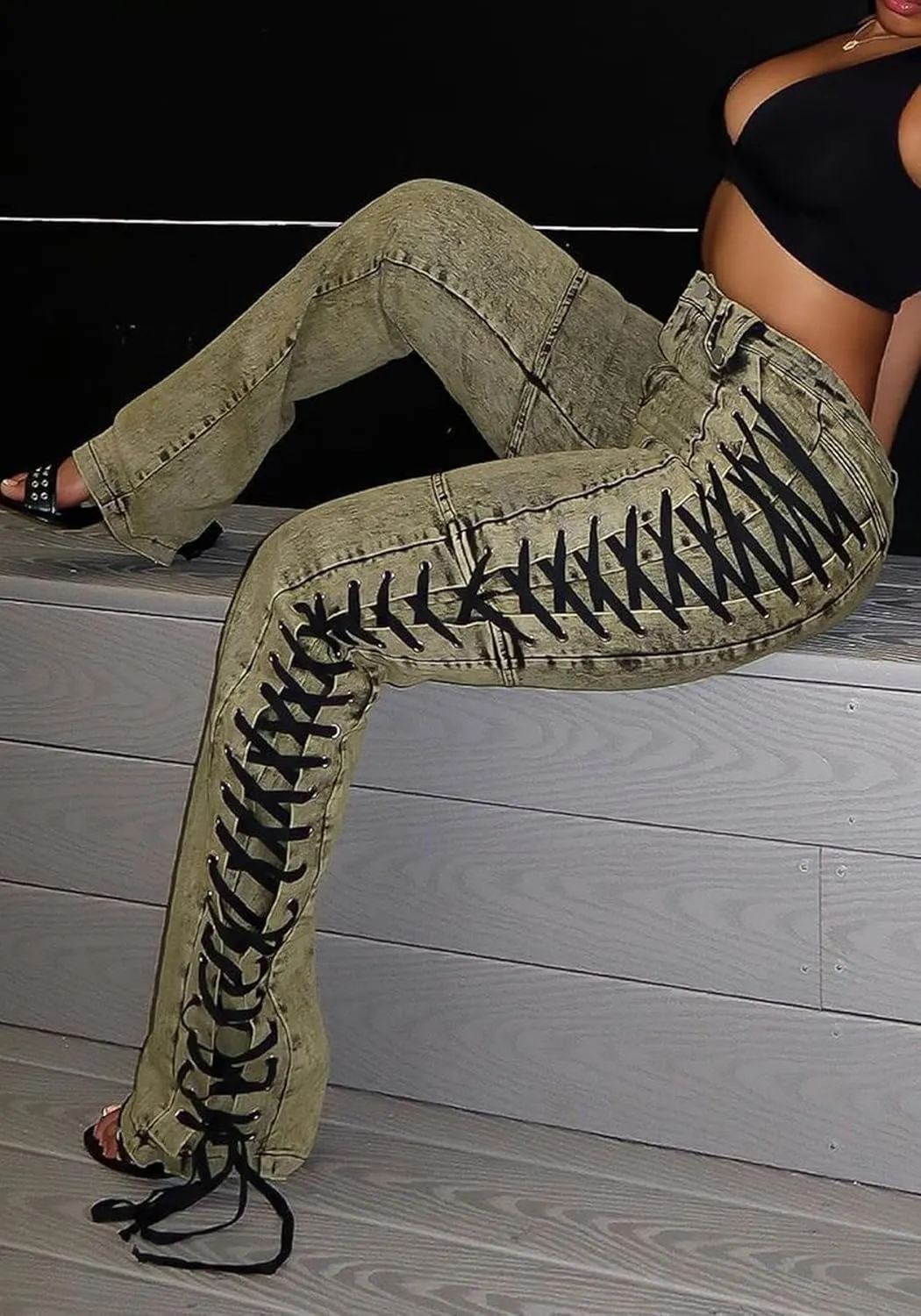 Women's High Waisted Skinny Jeans Straight Leg Stretch Distressed Drawstring Lace Up Sexy Denim Pants Streetwear