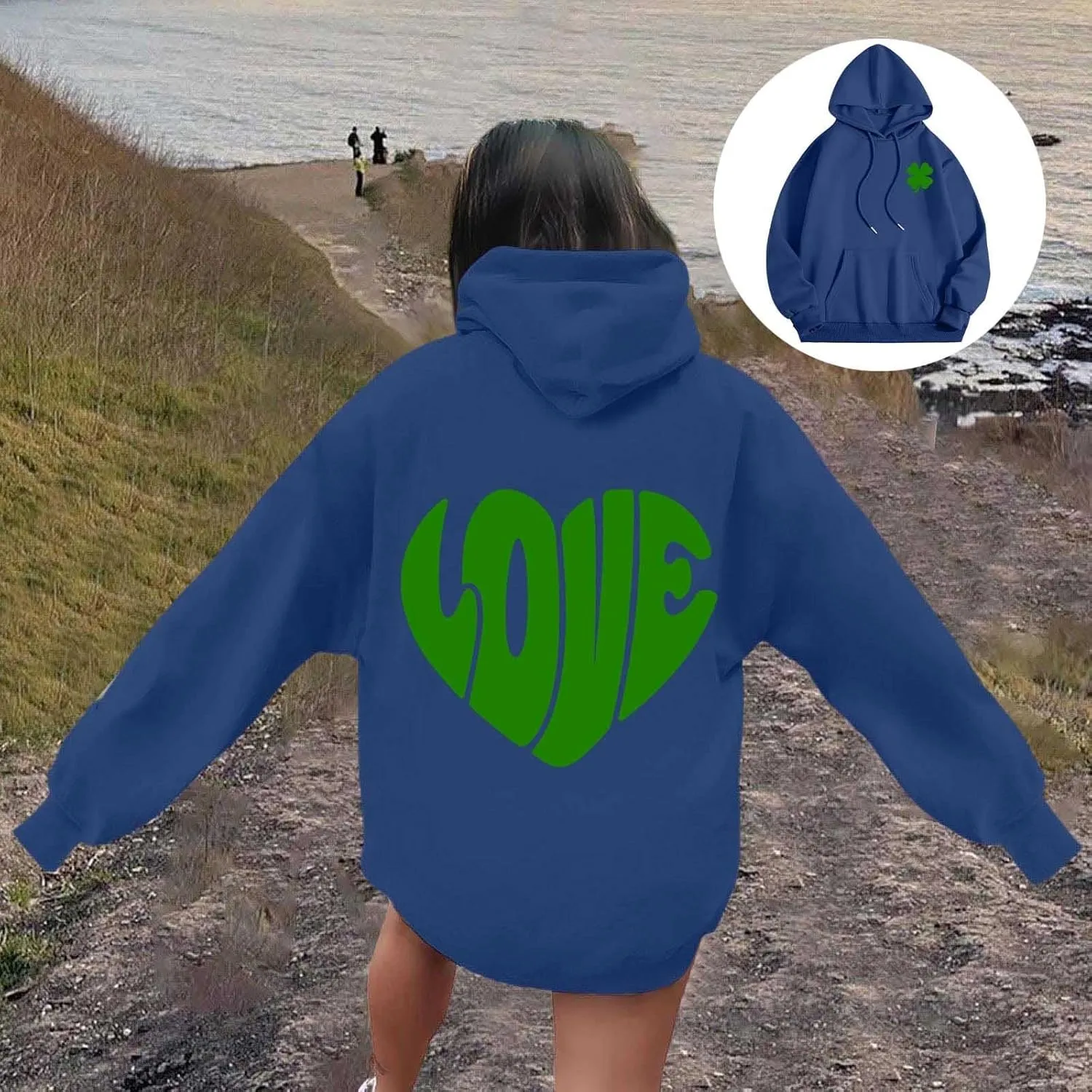 Women's Hoodies Heart Print Graphic Long Sleeve Oversized Sweatshirts Drawstring Pullover Top with Pockets