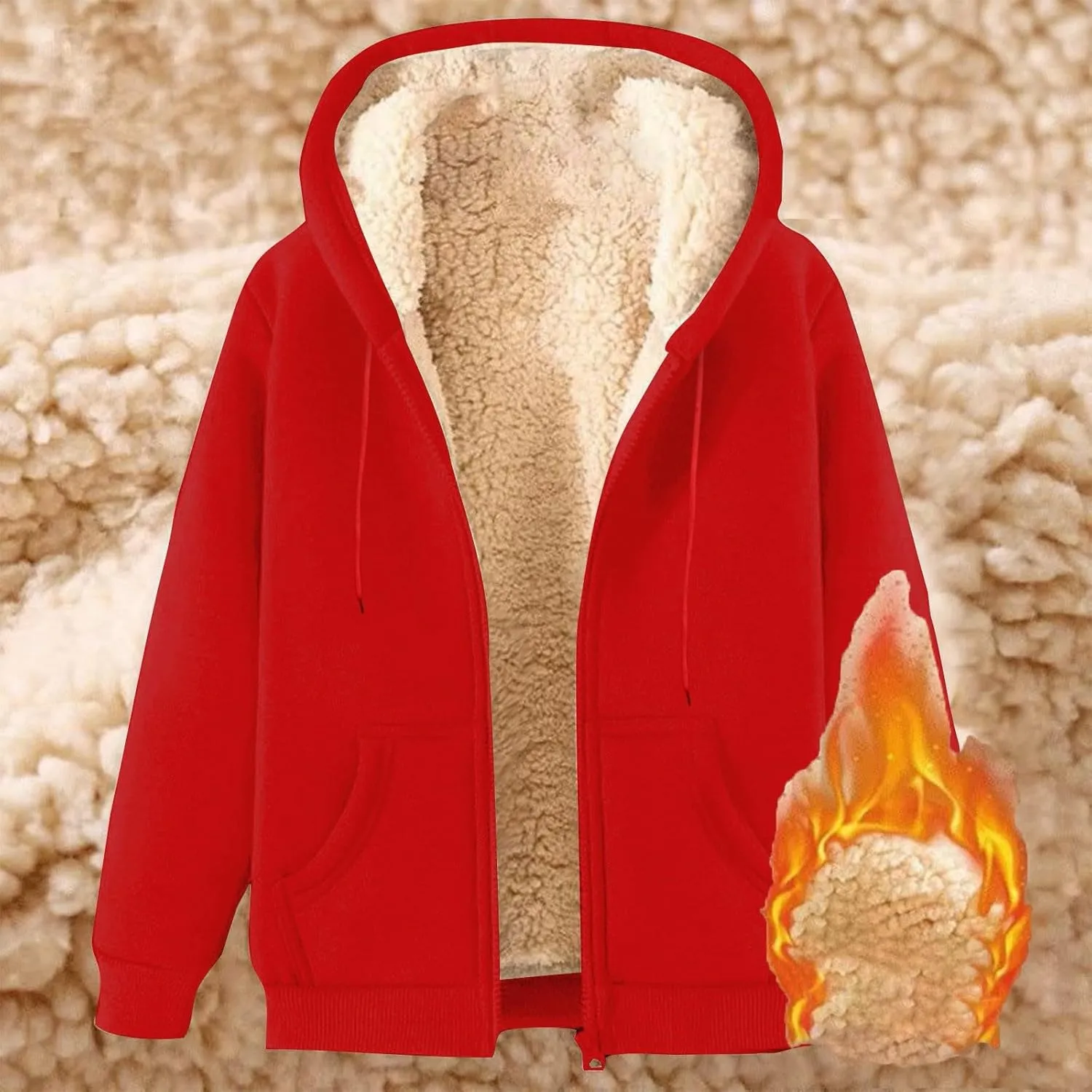 Womens Hoodies Sherpa Lined Fleece Thermal Jacket Full Zip Drawstring Hooded Outwear Winter Warm Casual Thick Coats