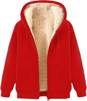 Womens Hoodies Sherpa Lined Fleece Thermal Jacket Full Zip Drawstring Hooded Outwear Winter Warm Casual Thick Coats