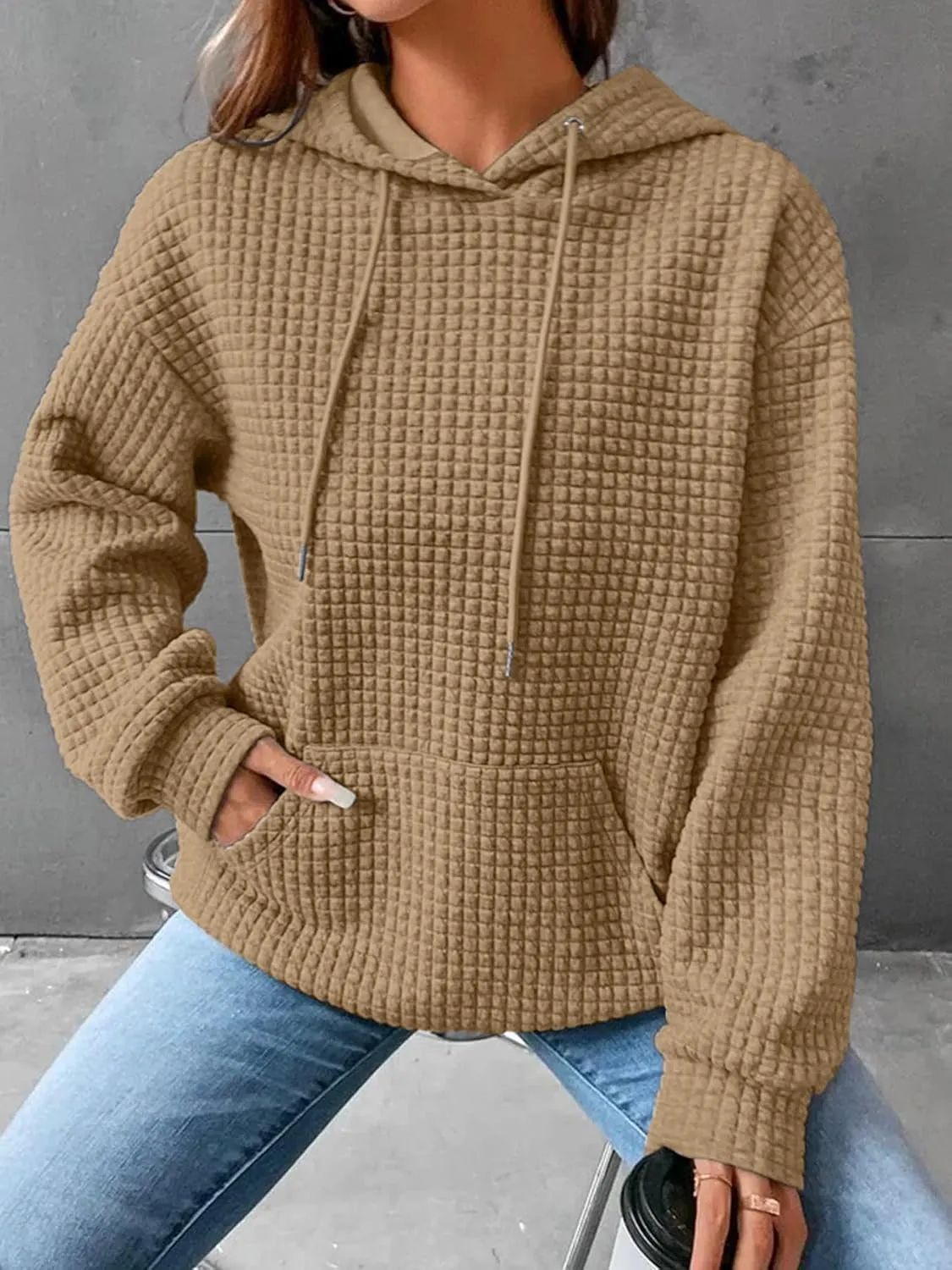 Womens Hoodies Waffle Knit Pullover Tops Loose Hoodie Casual Long Sleeve Drawstring Sweatshirt with Kangaroo Pocket