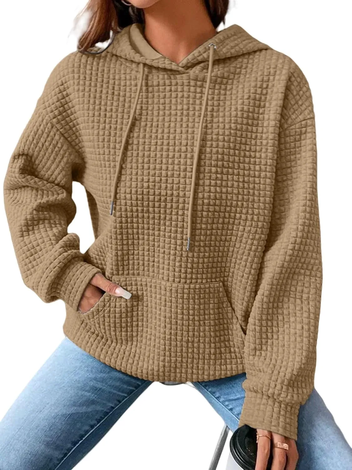 Womens Hoodies Waffle Knit Pullover Tops Loose Hoodie Casual Long Sleeve Drawstring Sweatshirt with Kangaroo Pocket