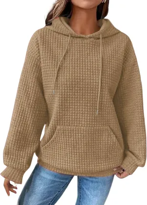 Womens Hoodies Waffle Knit Pullover Tops Loose Hoodie Casual Long Sleeve Drawstring Sweatshirt with Kangaroo Pocket