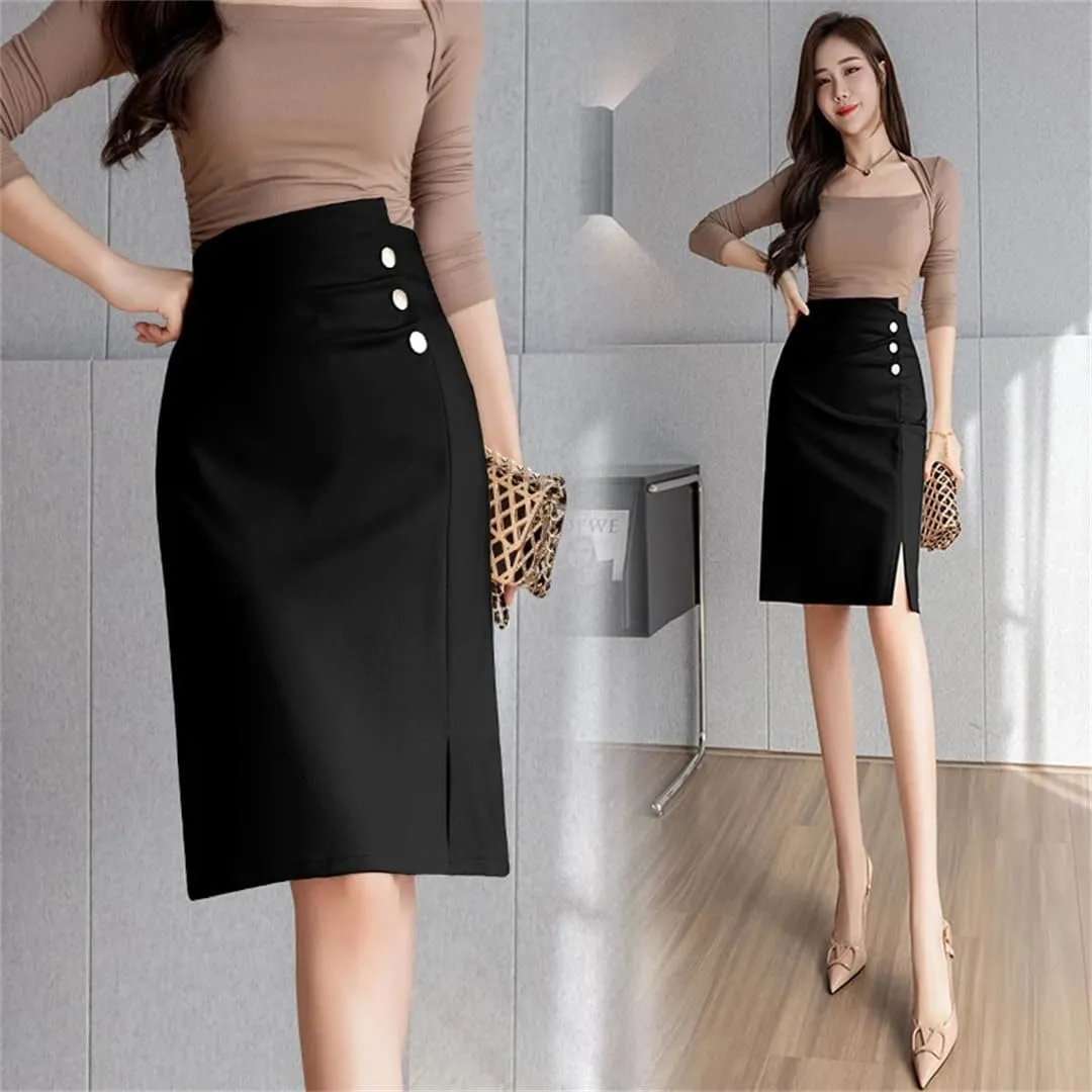 Women's Irregular Wrap Pencil Skirts Buttons Solid High Waist Front Split Sheath Office Skirts