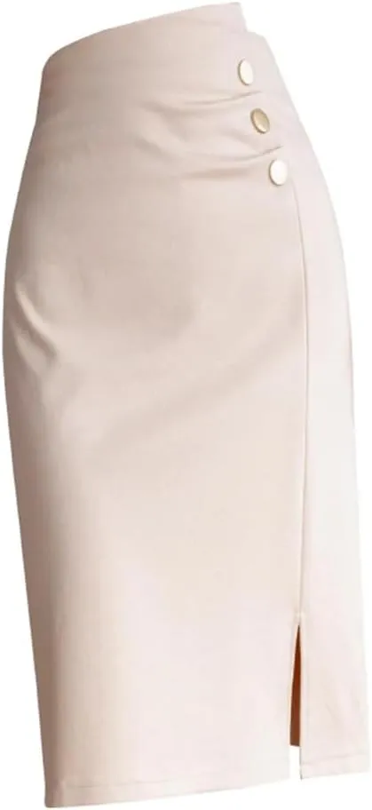 Women's Irregular Wrap Pencil Skirts Buttons Solid High Waist Front Split Sheath Office Skirts