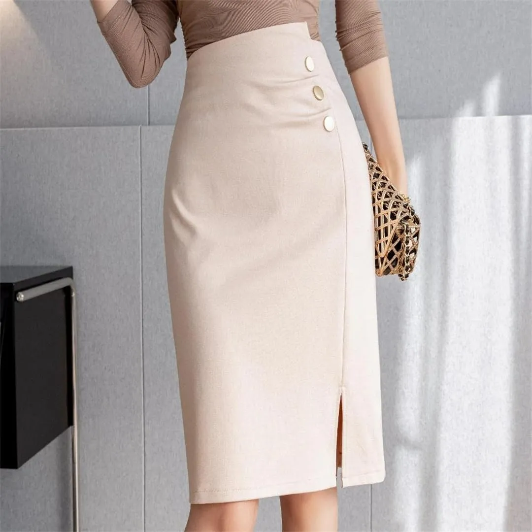 Women's Irregular Wrap Pencil Skirts Buttons Solid High Waist Front Split Sheath Office Skirts