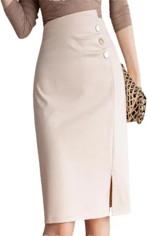 Women's Irregular Wrap Pencil Skirts Buttons Solid High Waist Front Split Sheath Office Skirts