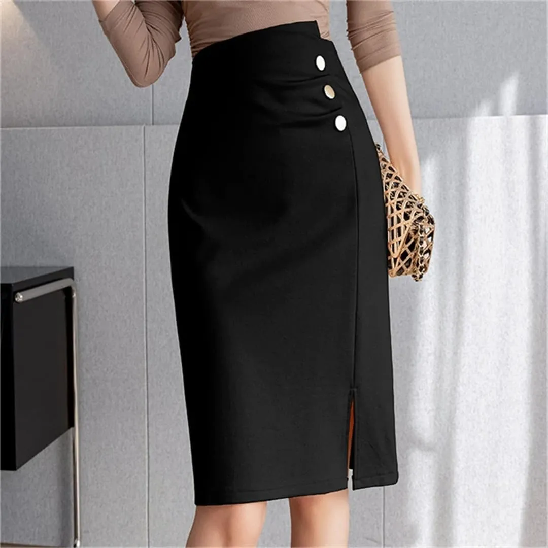 Women's Irregular Wrap Pencil Skirts Buttons Solid High Waist Front Split Sheath Office Skirts