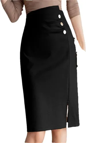 Women's Irregular Wrap Pencil Skirts Buttons Solid High Waist Front Split Sheath Office Skirts