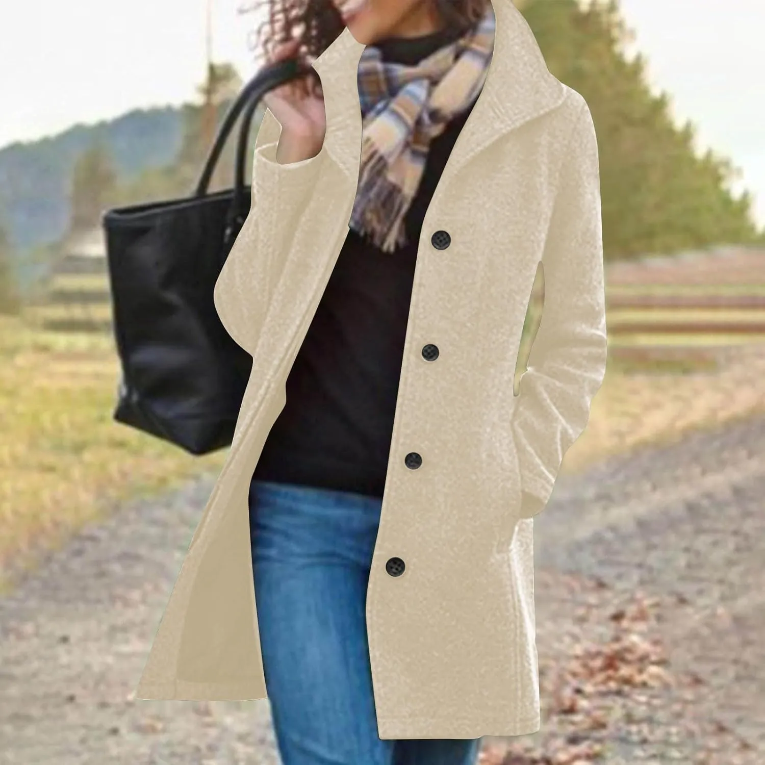 Women's Jackets Winter Thicken Wool Blend Single Breasted Pea Coat Casual Stand Collar Button Trench Coat Overcoat