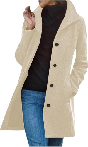 Women's Jackets Winter Thicken Wool Blend Single Breasted Pea Coat Casual Stand Collar Button Trench Coat Overcoat