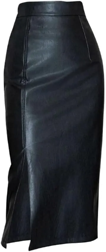 Women's Leather Wrap High Wasit Female Straight Front Split Pencil Skirts