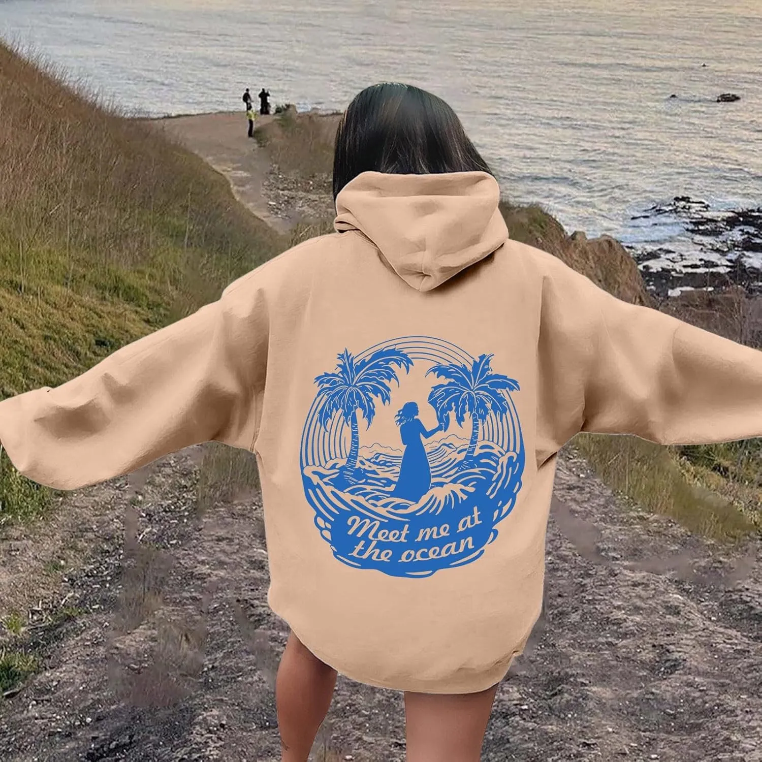 Women's Letter Print Hoodie Sweatshirt Long Sleeve Drawstring Graphic Pullover Oversized Casual Tops With Pockets