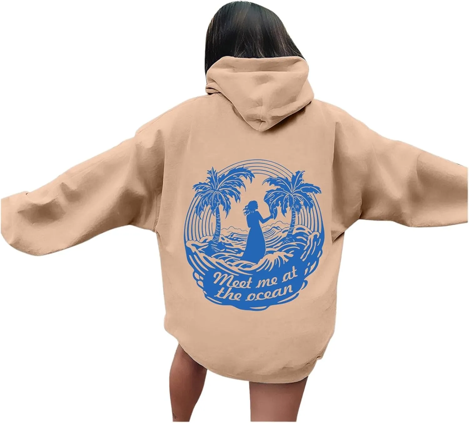 Women's Letter Print Hoodie Sweatshirt Long Sleeve Drawstring Graphic Pullover Oversized Casual Tops With Pockets