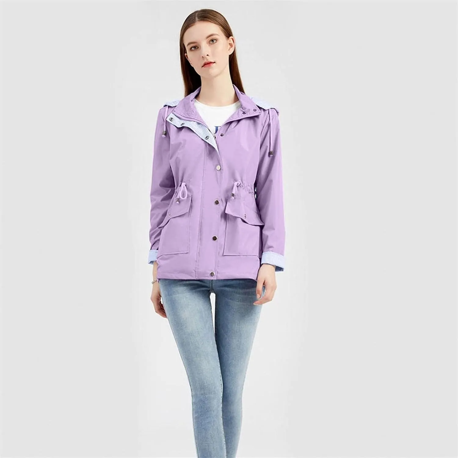 Women's Ligtweight Jackets Anorak Utility Drawstring Waist Hoodie Zip Up Fall Casual Trench Coat with Pockets