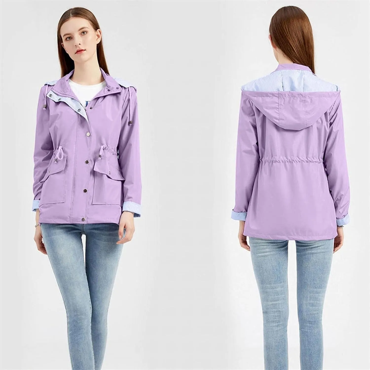 Women's Ligtweight Jackets Anorak Utility Drawstring Waist Hoodie Zip Up Fall Casual Trench Coat with Pockets