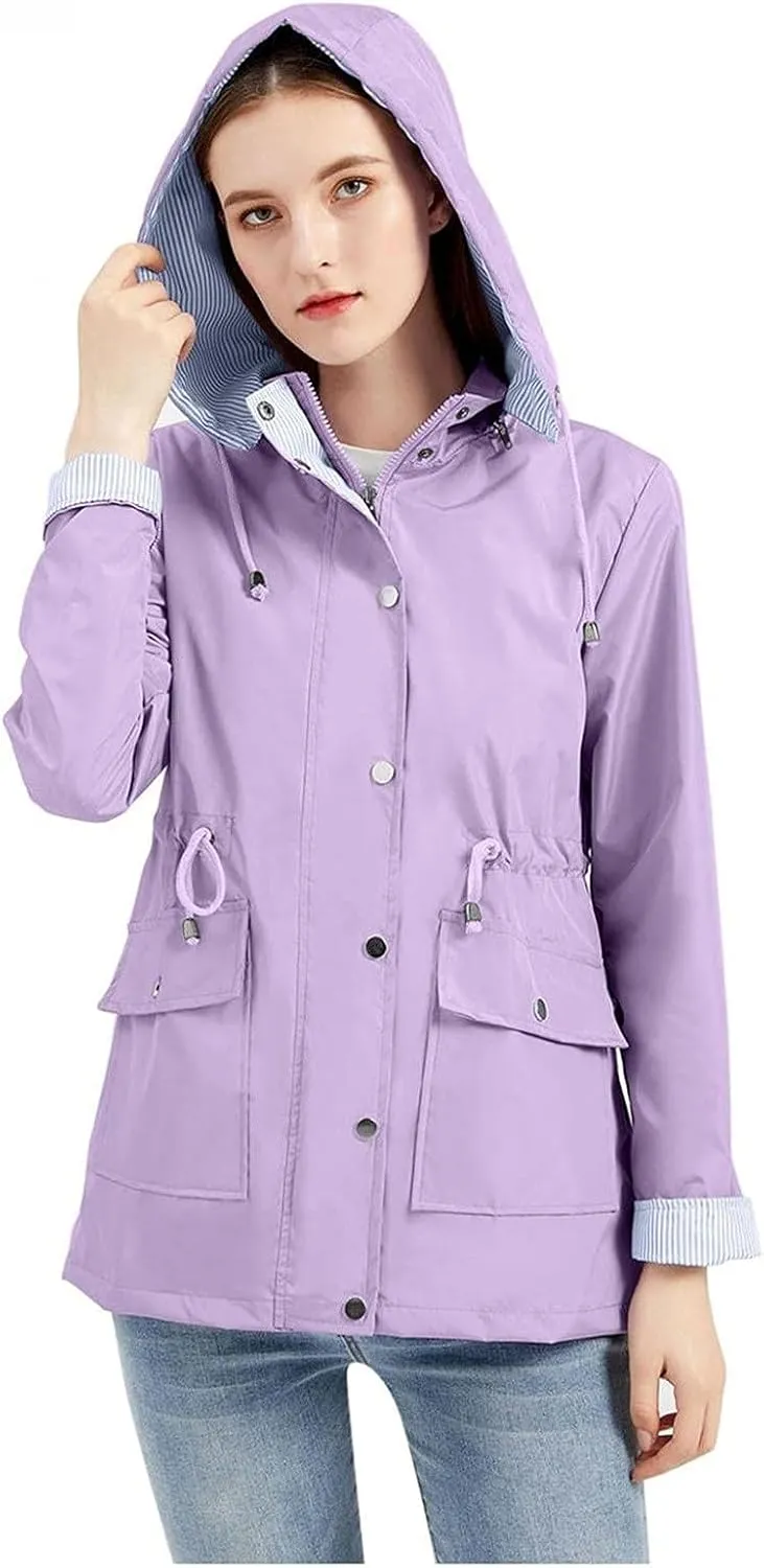 Women's Ligtweight Jackets Anorak Utility Drawstring Waist Hoodie Zip Up Fall Casual Trench Coat with Pockets
