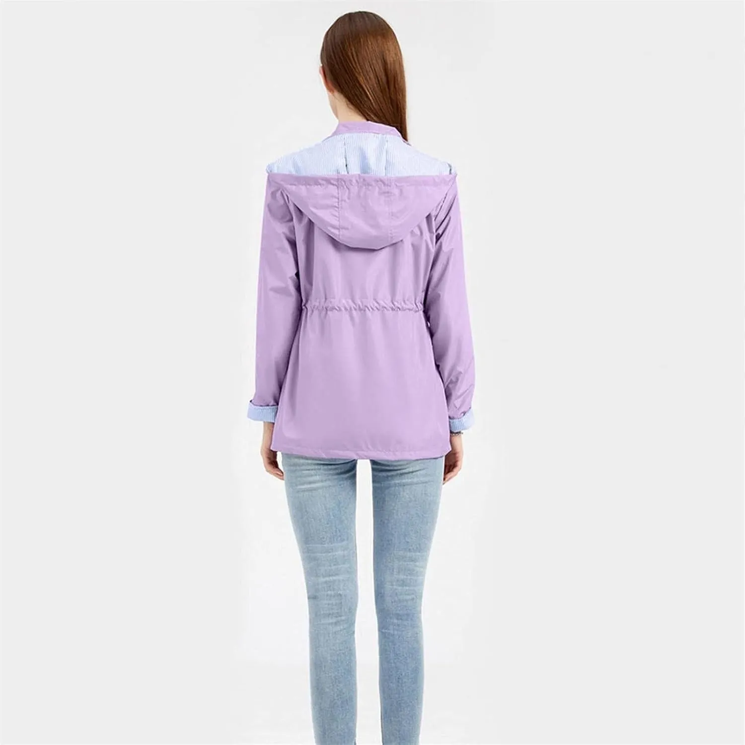 Women's Ligtweight Jackets Anorak Utility Drawstring Waist Hoodie Zip Up Fall Casual Trench Coat with Pockets
