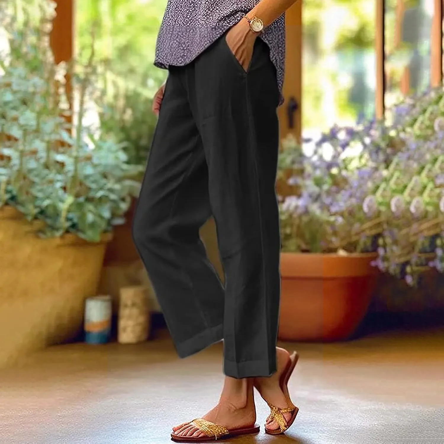 Womens Linen Pants Elastic Waist Boho Floral Pants Straight Casual Loose Summer Beach Baggy Trousers with Pockets