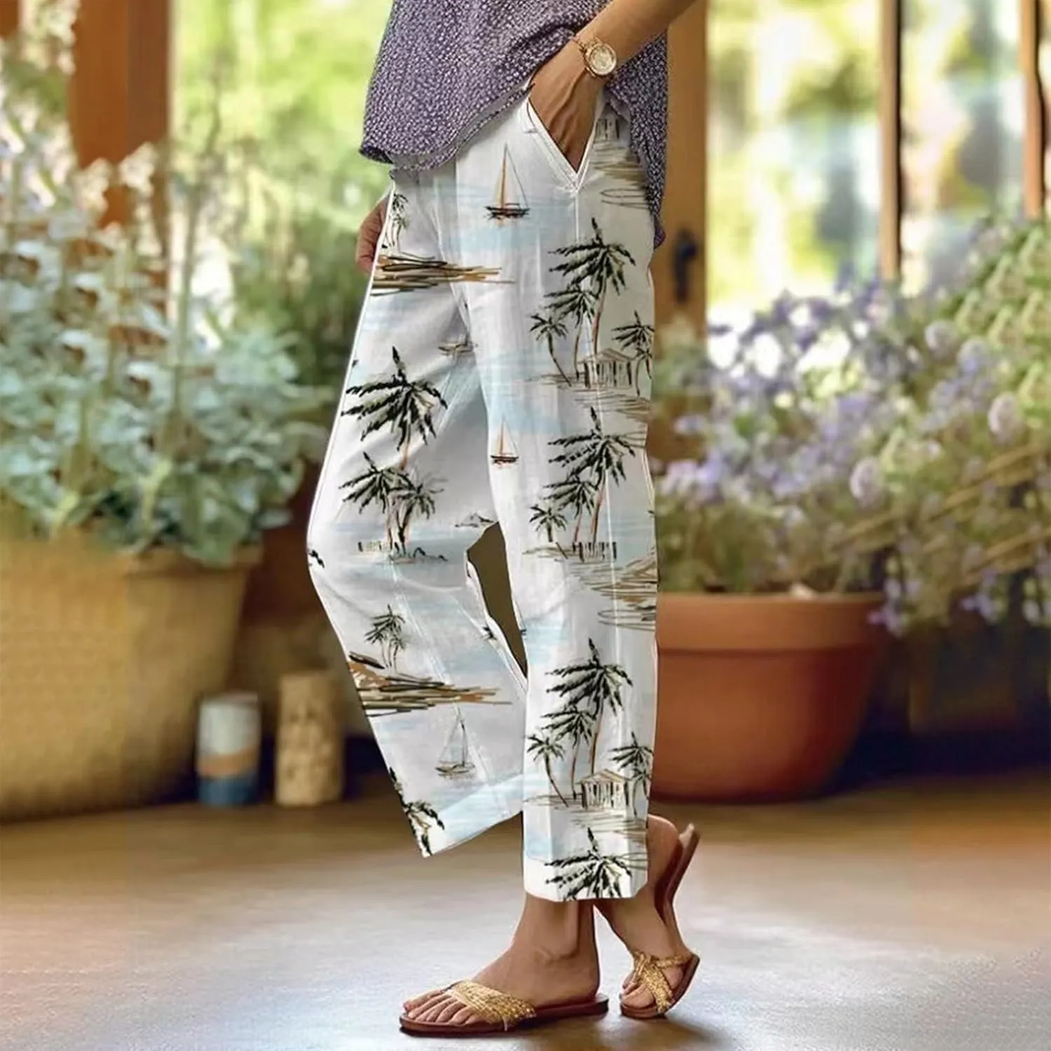 Womens Linen Pants Elastic Waist Boho Floral Pants Straight Casual Loose Summer Beach Baggy Trousers with Pockets