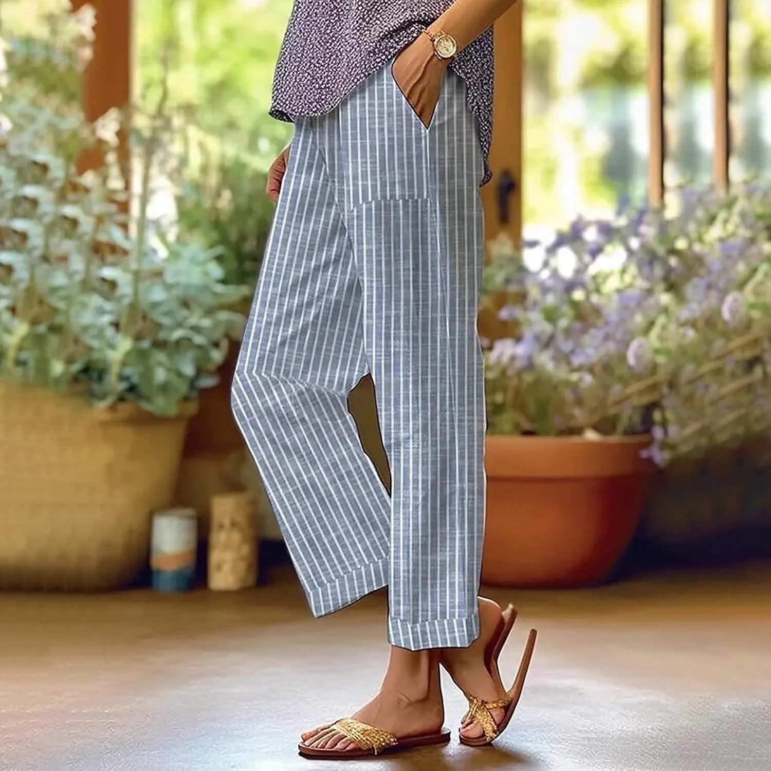 Womens Linen Pants Elastic Waist Boho Floral Pants Straight Casual Loose Summer Beach Baggy Trousers with Pockets