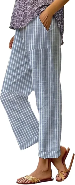 Womens Linen Pants Elastic Waist Boho Floral Pants Straight Casual Loose Summer Beach Baggy Trousers with Pockets