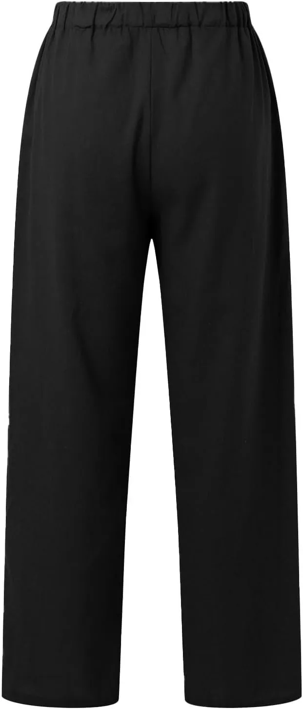 Womens Linen Pants Summer Boho Lightweight High Waist Palazzo Pants Straight Leg Lounge Trousers with Pockets