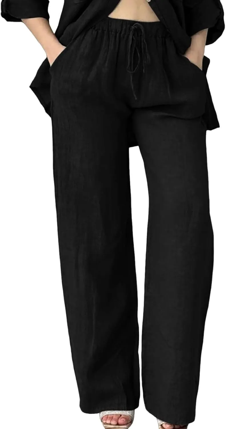 Womens Linen Pants Summer Boho Lightweight High Waist Palazzo Pants Straight Leg Lounge Trousers with Pockets