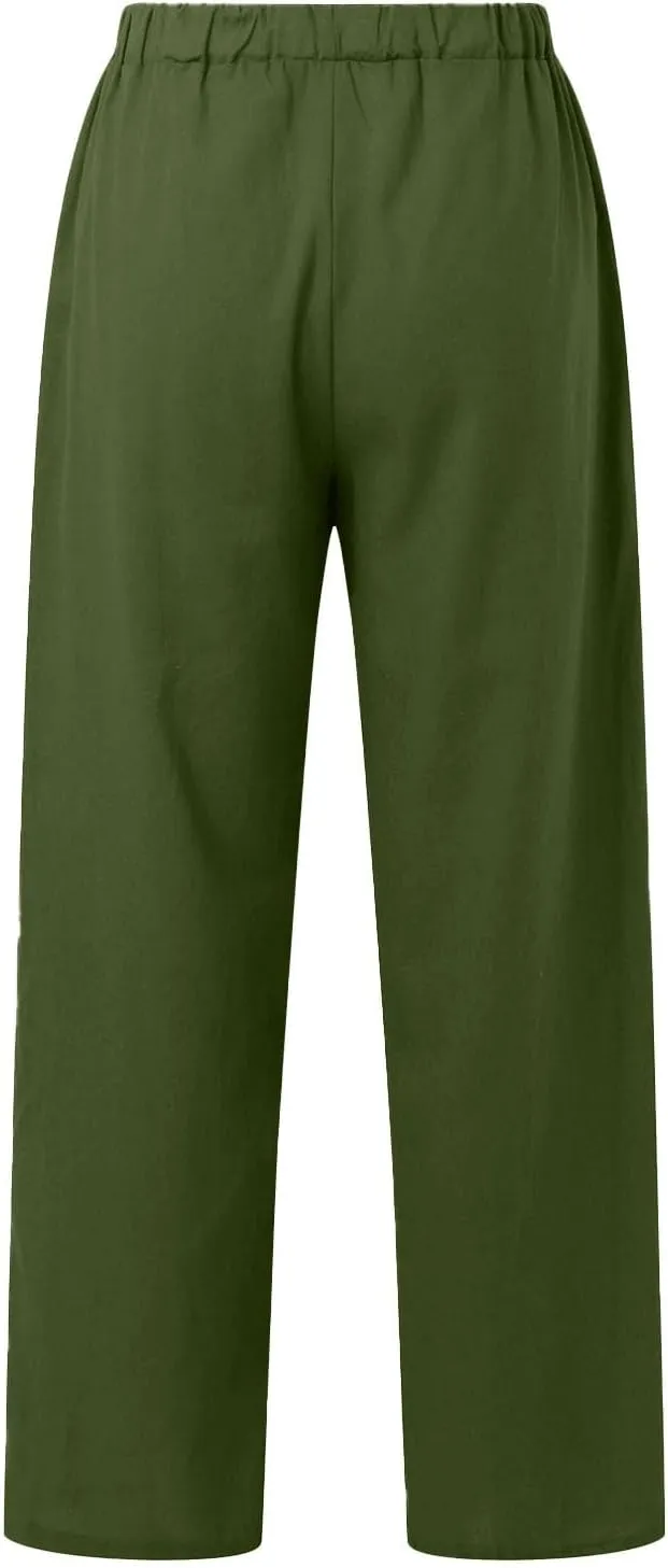 Womens Linen Pants Summer Boho Lightweight High Waist Palazzo Pants Straight Leg Lounge Trousers with Pockets