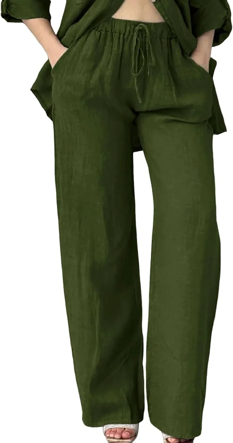 Womens Linen Pants Summer Boho Lightweight High Waist Palazzo Pants Straight Leg Lounge Trousers with Pockets