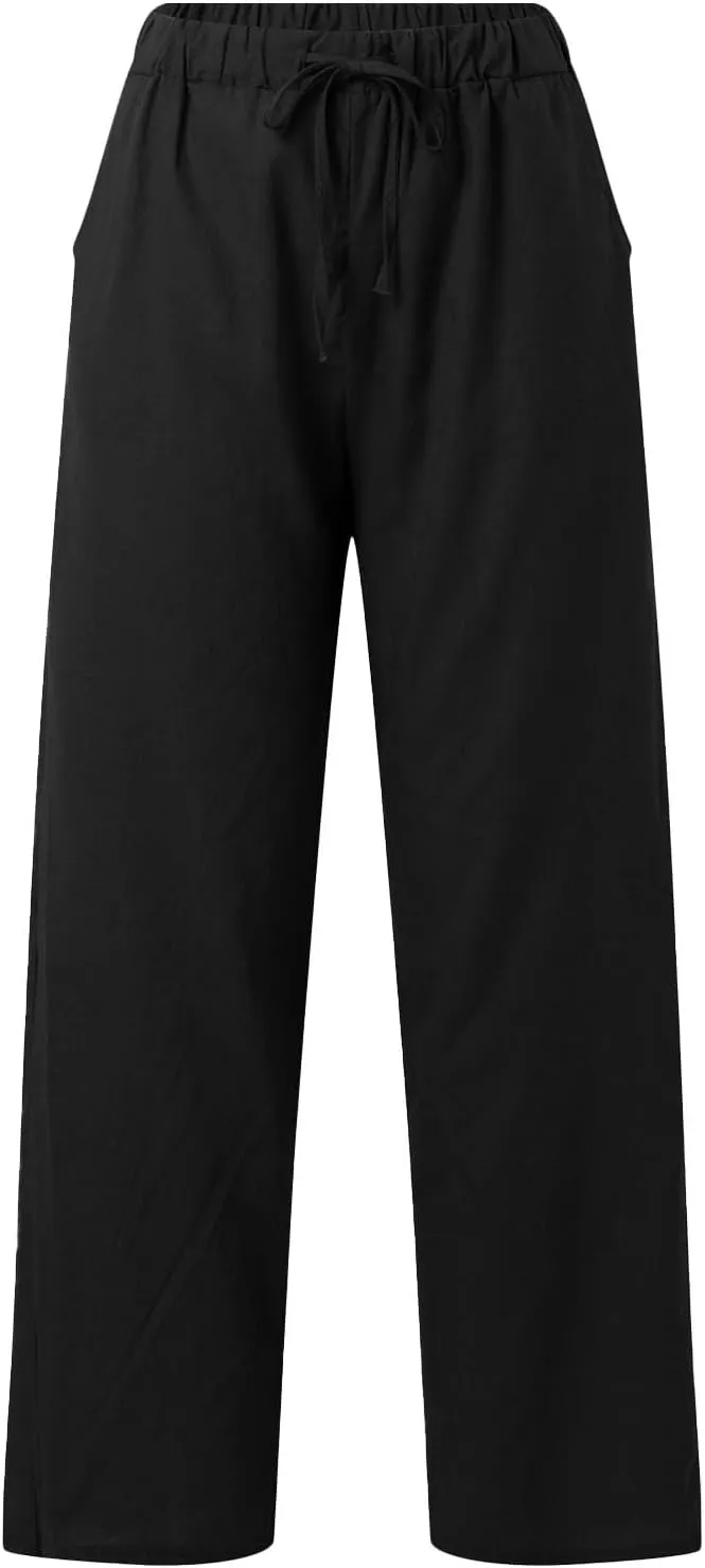 Womens Linen Pants Summer Boho Lightweight High Waist Palazzo Pants Straight Leg Lounge Trousers with Pockets