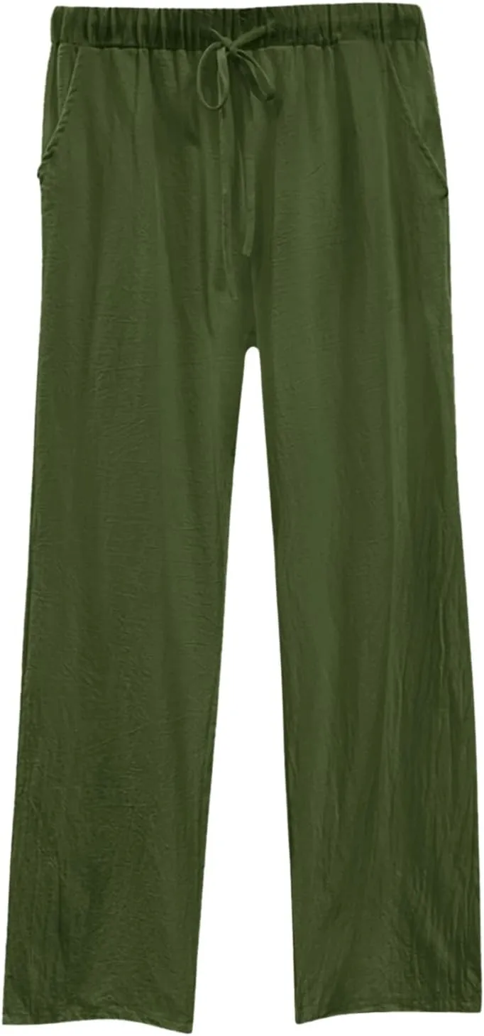 Womens Linen Pants Summer Boho Lightweight High Waist Palazzo Pants Straight Leg Lounge Trousers with Pockets