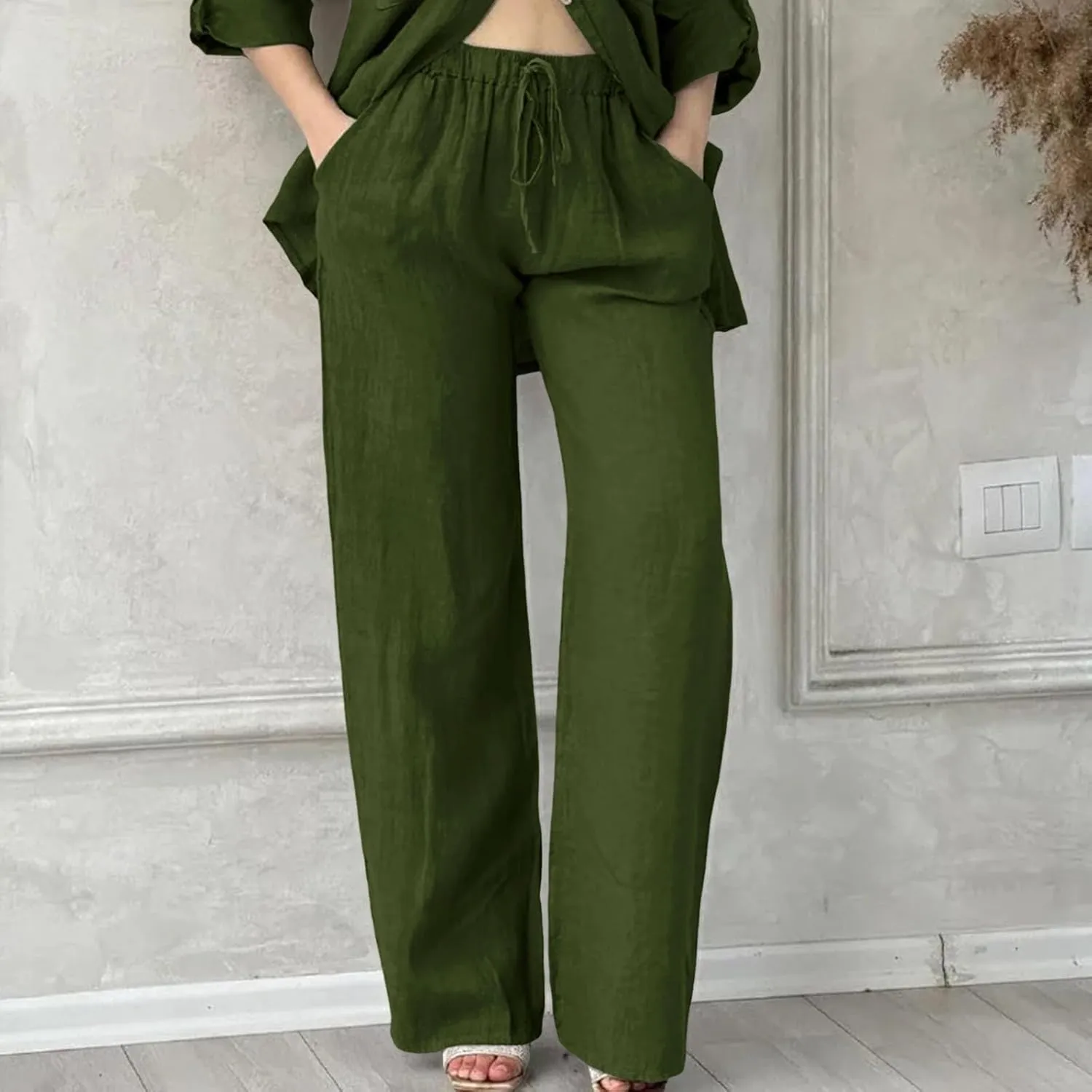 Womens Linen Pants Summer Boho Lightweight High Waist Palazzo Pants Straight Leg Lounge Trousers with Pockets