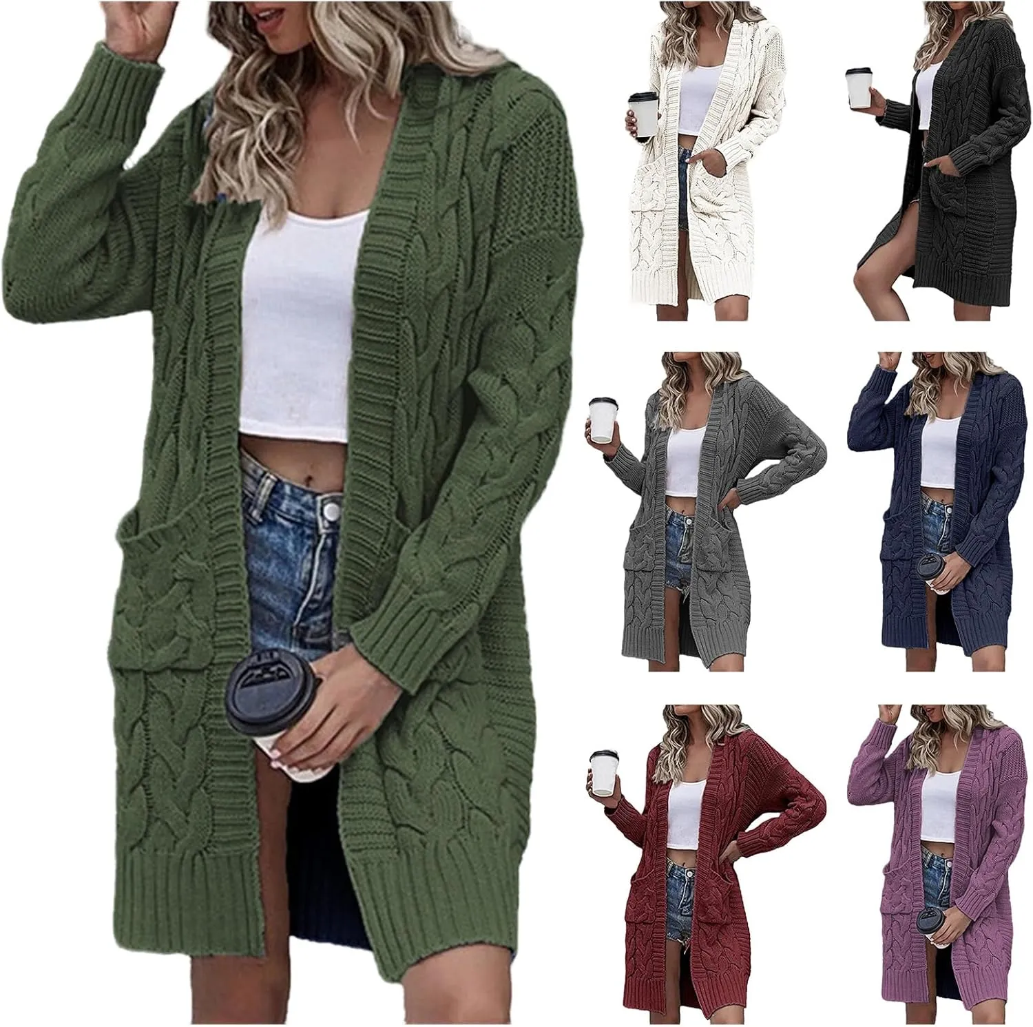 Womens Long Cardigan Coats Thin Stylish Cable Knit Maxi Sweater Open Front Coatigan Outerwear