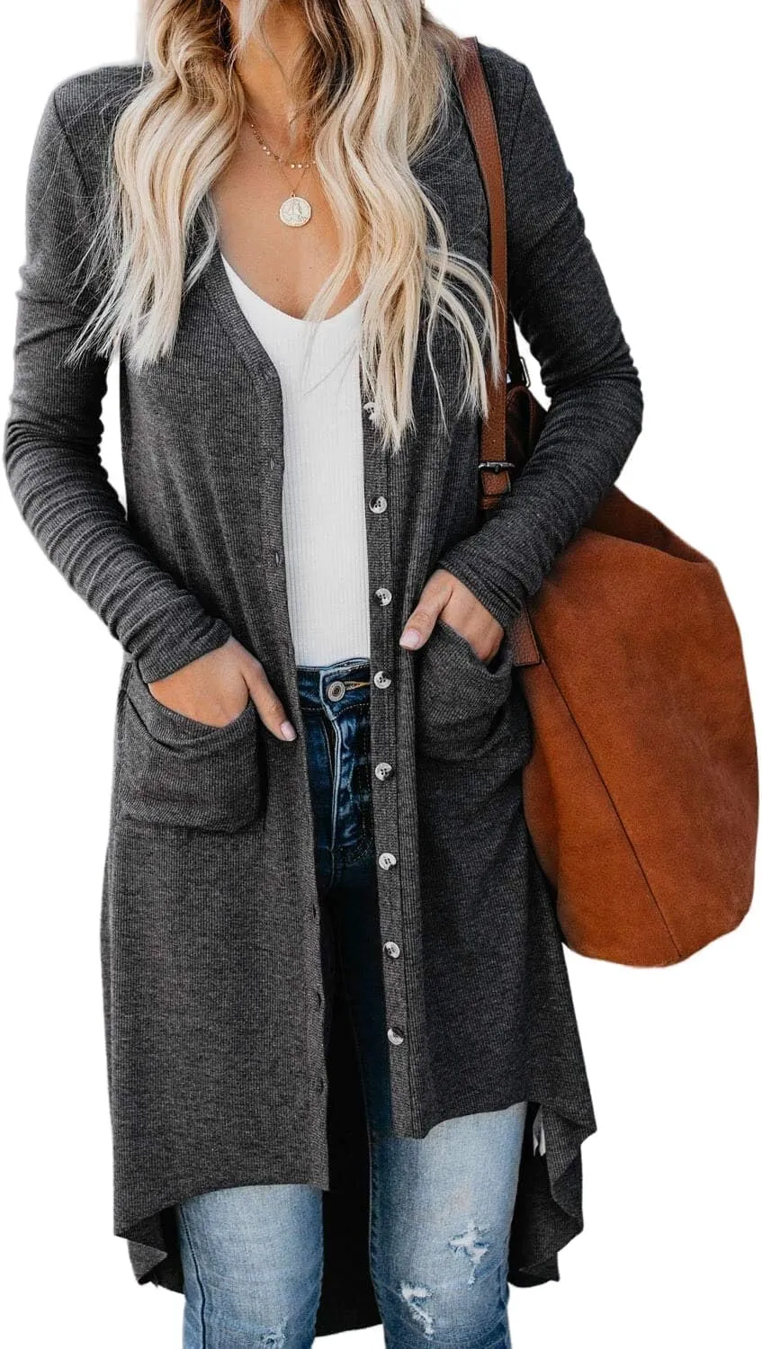 Womens Long Cardigans Open Front Button Sweater Long Sleeve Knit Sweaters Coats Outerwear with Pockets