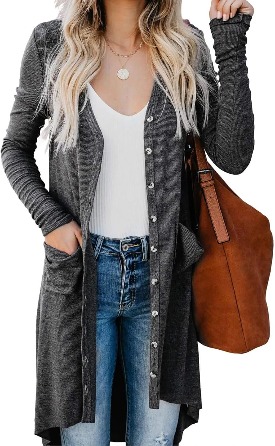 Womens Long Cardigans Open Front Button Sweater Long Sleeve Knit Sweaters Coats Outerwear with Pockets