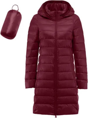 Women's Long Down Coat Hooded Winter Packable Puffer Jacket Ultra Light Quilted Winter Coat with Pocket Outerwear