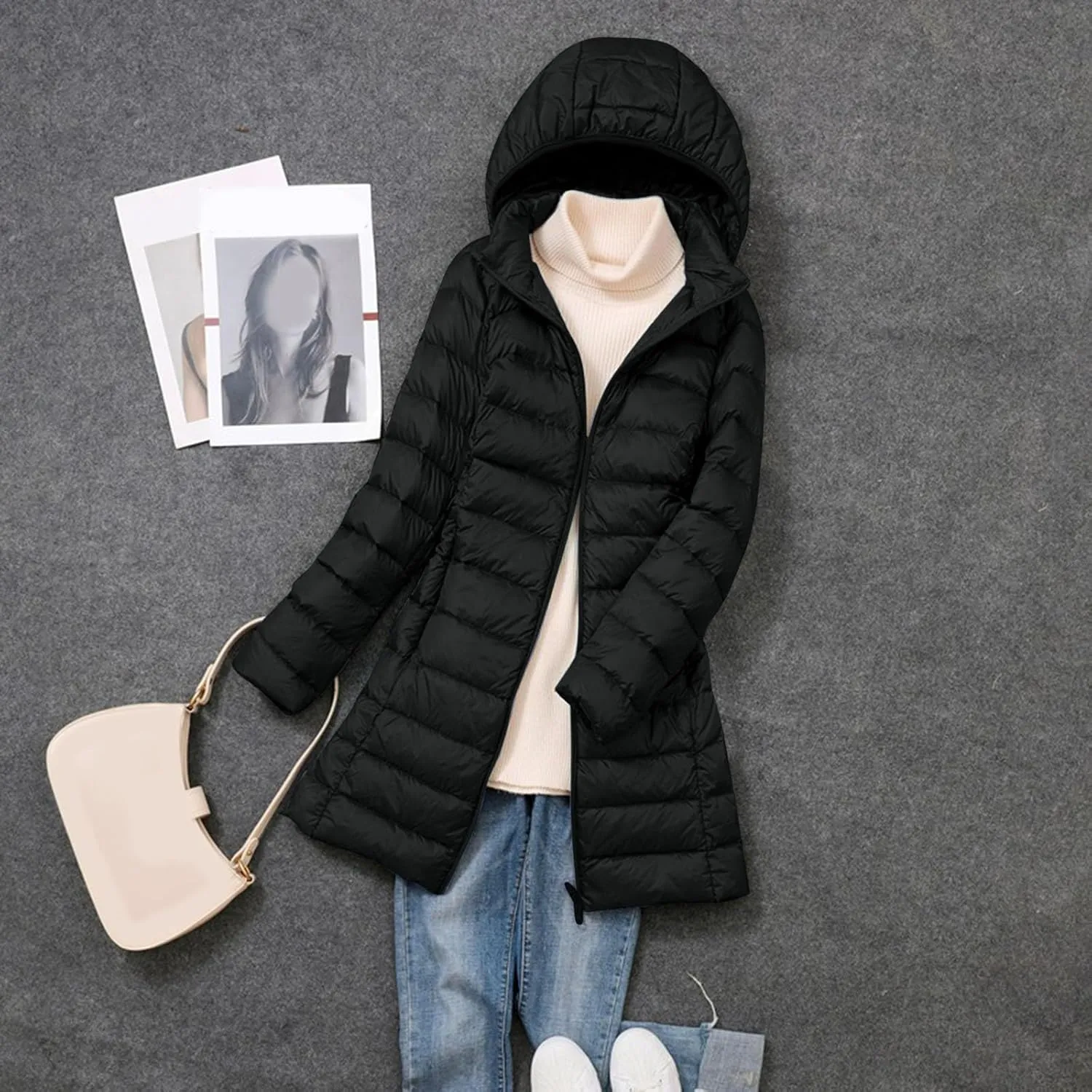 Women's Long Down Coat Hooded Winter Packable Puffer Jacket Ultra Light Quilted Winter Coat with Pocket Outerwear