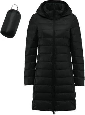 Women's Long Down Coat Hooded Winter Packable Puffer Jacket Ultra Light Quilted Winter Coat with Pocket Outerwear